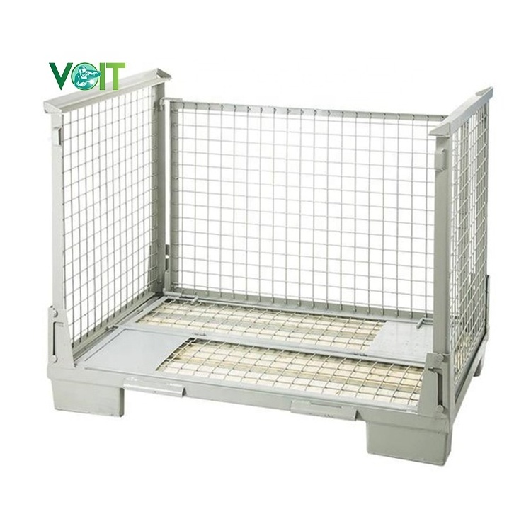 Auto parts warehouse storage forkliftable folded mild steel cage stillage