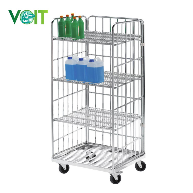 Warehouse Steel Wire Mesh Parcel Transport Cage Trolley with Shelves