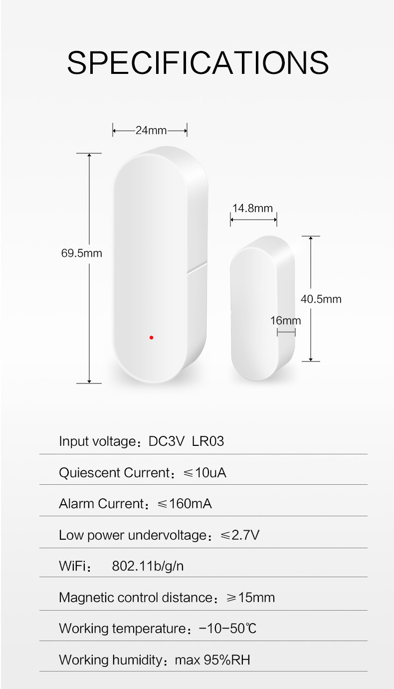 Tuya 2.4GHz WIFI Detect open/close Status Alarm Home Security System Smart Magnetic Door Sensor