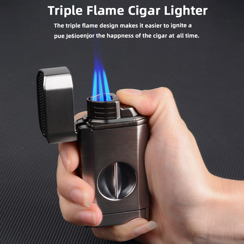 Custom Logo Jet Flame Torch Metal Windproof Tobacco Cigar Accessories Lighter with Cigar Holder Cutter Punch Cigar Lighter