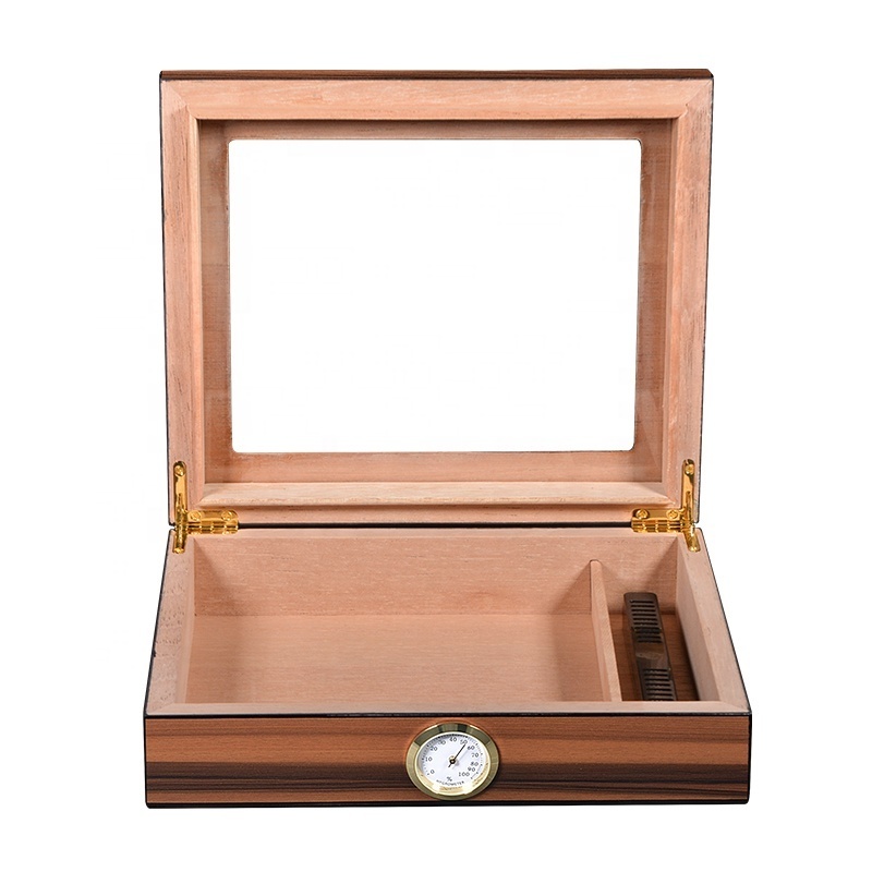 Glasstop Cigar Humidor Cedar Wooden Desktop Cigar Box with Hygrometer and Humidifier Holds 25-30 Cigars