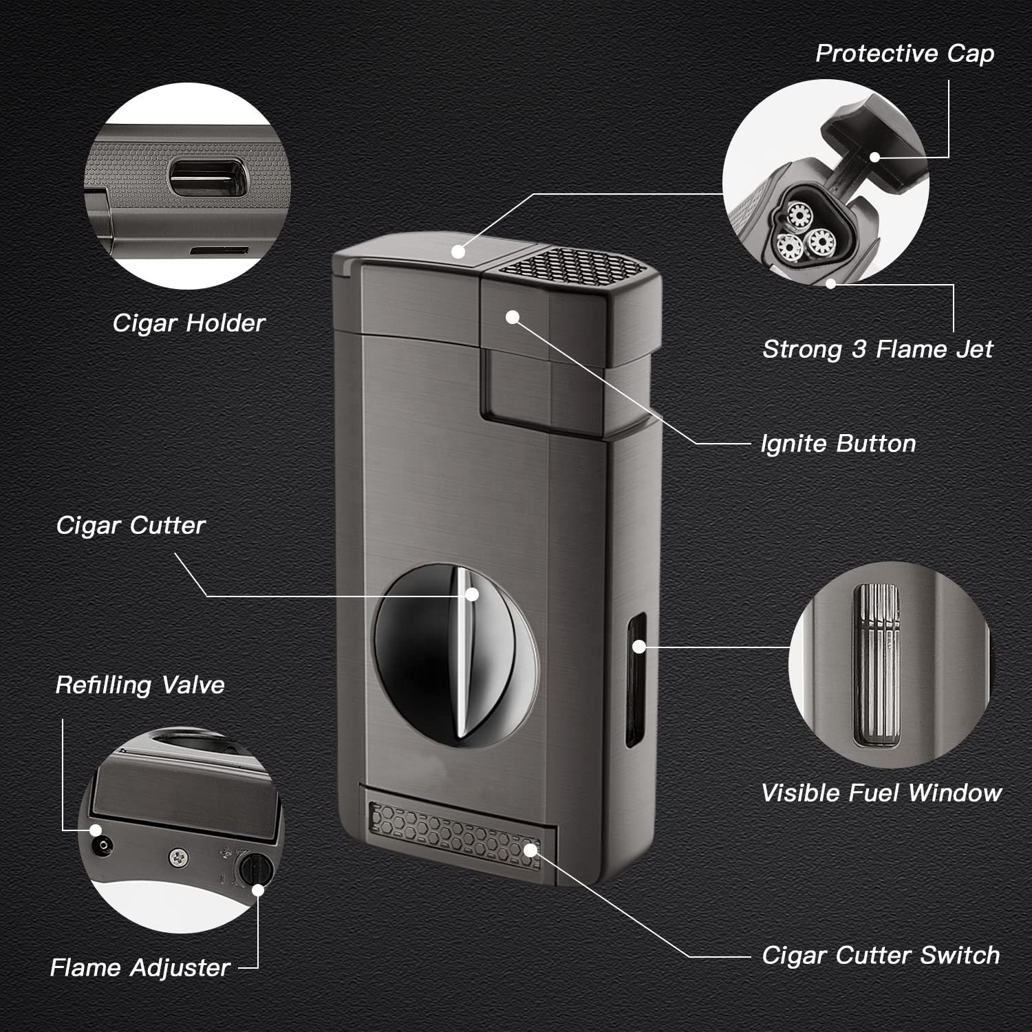 Wholesale High Quality Multifunction Cigar Lighter 3 Torch Luxury Cigar Cutter With Lighter Customized Logo