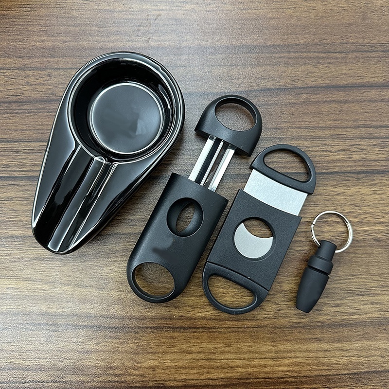 High Quality Handmade Ceramic Ashtray Luxury Lighter V-shaped Cigar Cutter and Smoking Accessories Set