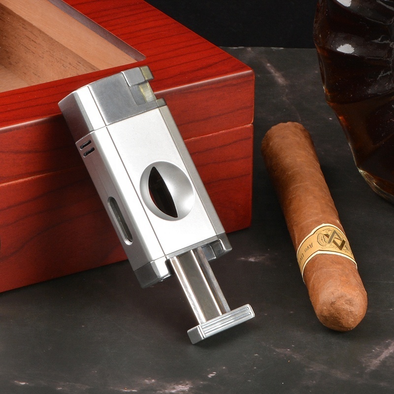 Table Style Stainless Premium Cigar Punch Cutter And Lighters Gift Set