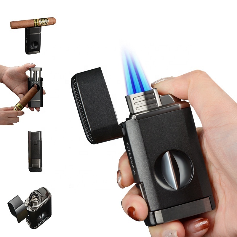 NEW Design Custom Logo Personalized Triple Jet Flame Torch Lighter Cigar Lighters Smoking Accessories with Cutter Gift