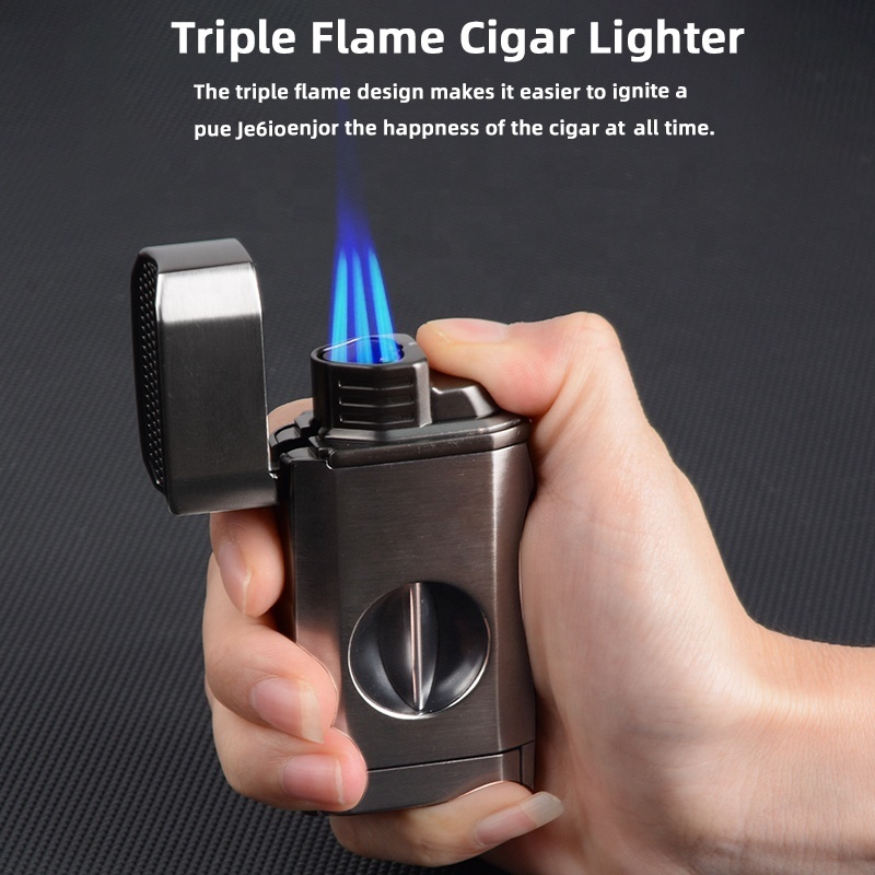 New Cigar Cutter Punch Triple Flame Cigar Lighter Refillable Butane Multifunctional Windproof Cool Lighters for Smoking Gift Box