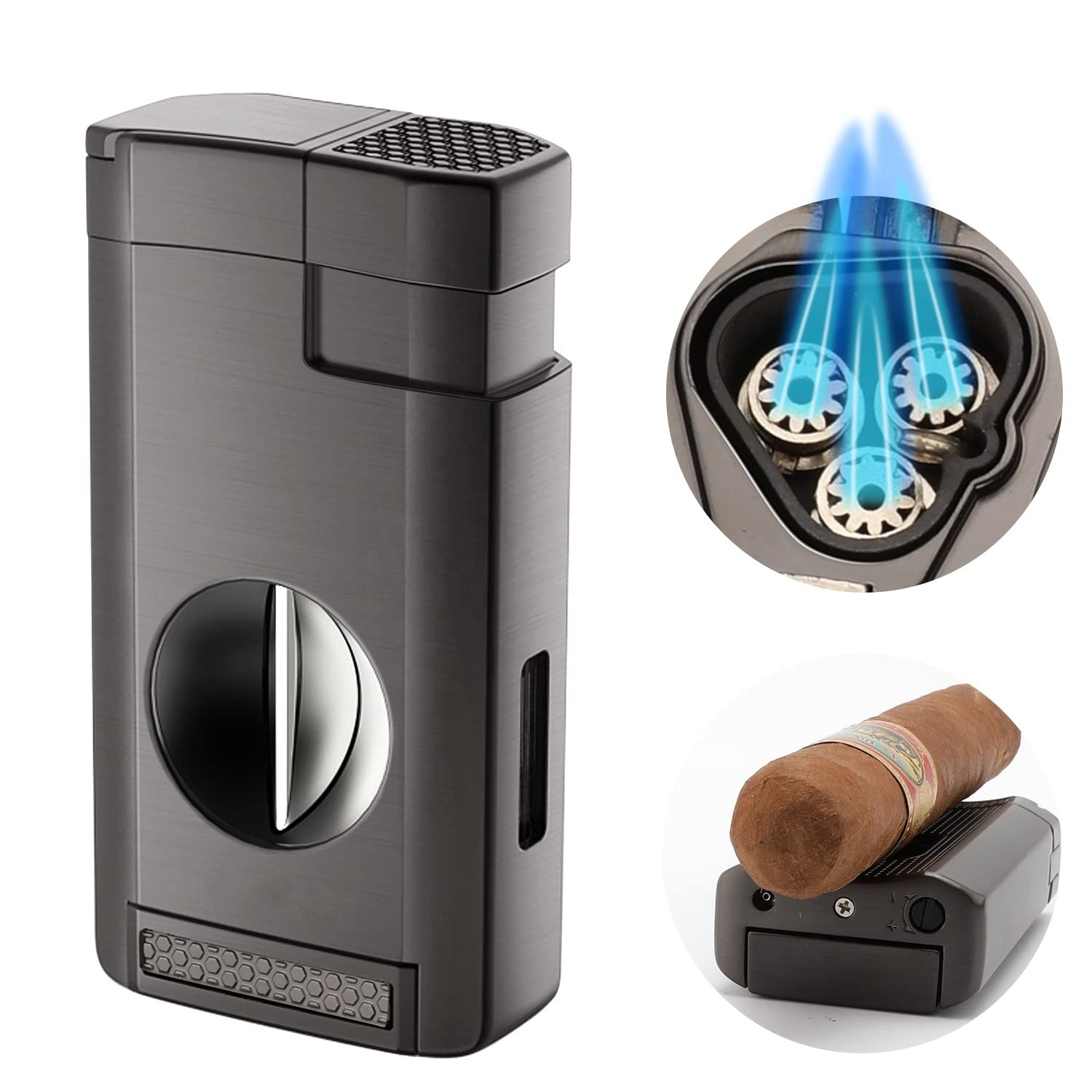 New Cigar Lighter V cutter with Cigar Triple Flame Cigar Lighters Smoking Accesoires Gift