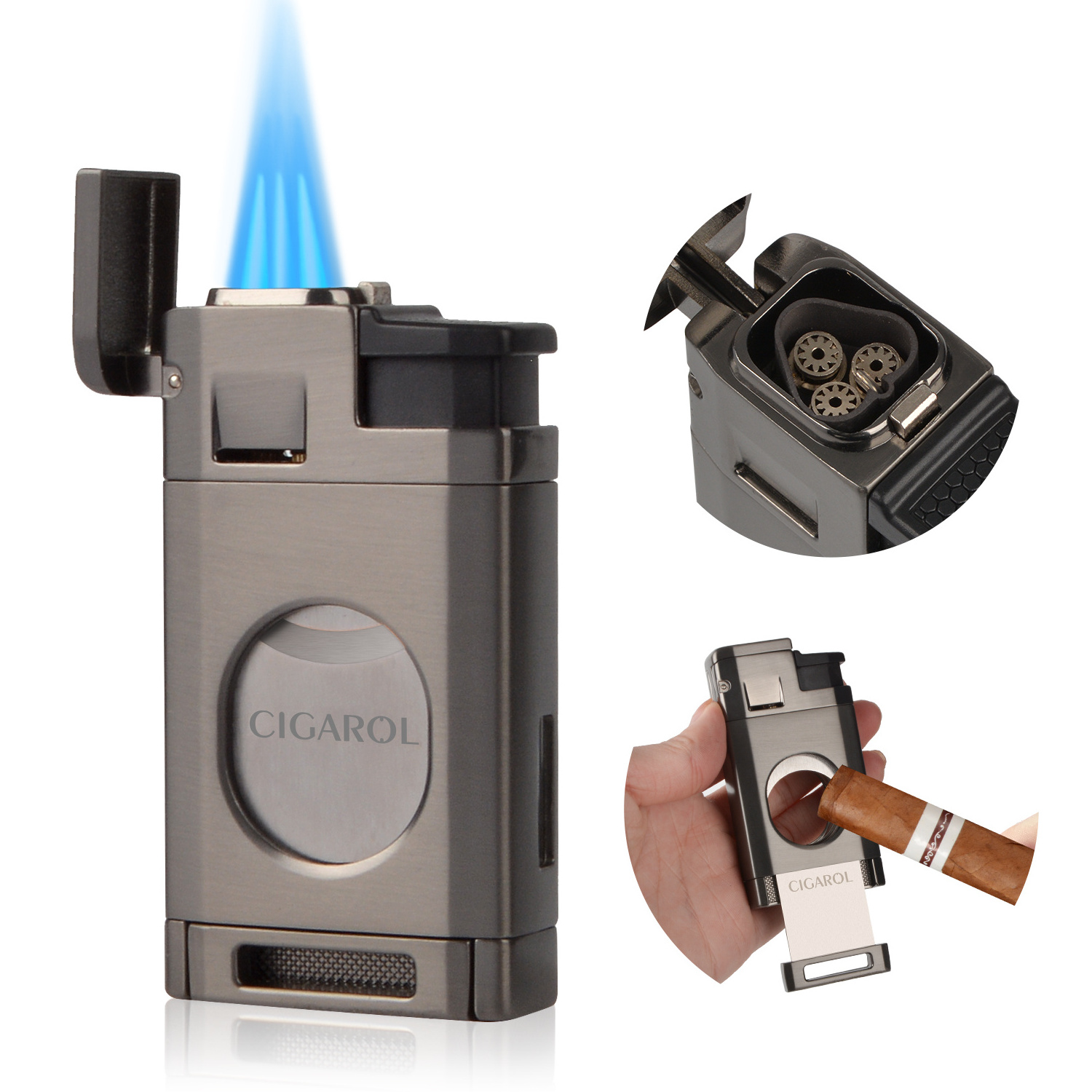 Refillable 3 Flame Torch Cigar Lighter Holder Special Lighter Windproof Black Gold Silver Spray Gun O-Shaped Cigar Cutter