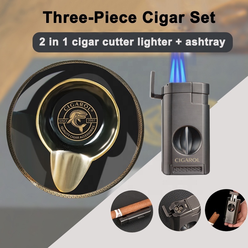 Fashion Design Custom LOGO Luxury Ceramic Cigar Ashtray  lighter Cigar Accessories Gift Package With Man Gift