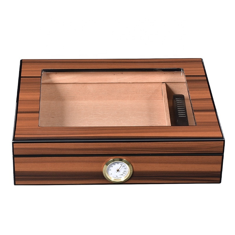 Glasstop Cigar Humidor Cedar Wooden Desktop Cigar Box with Hygrometer and Humidifier Holds 25-30 Cigars