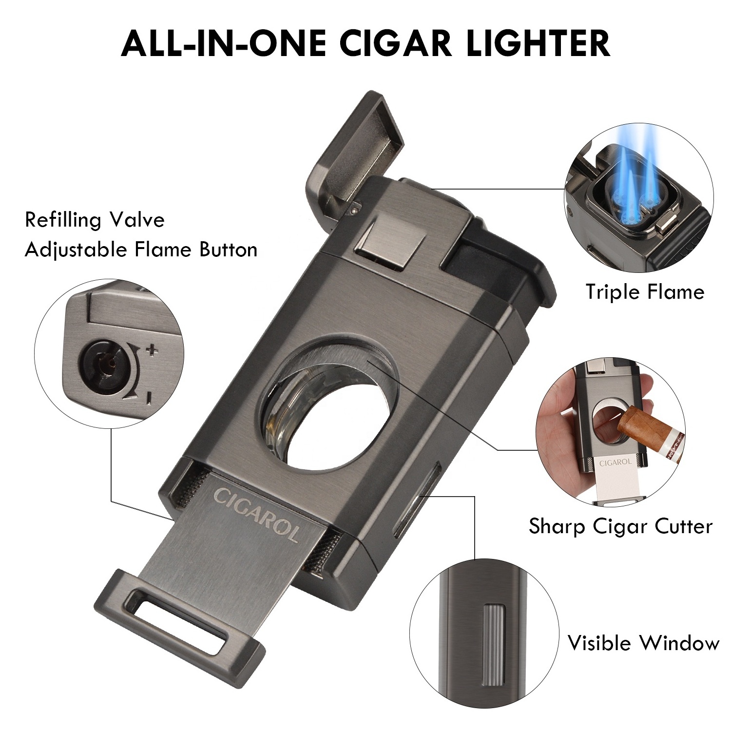 New design Cigar Lighter Triple Jet Flame Cigar Lighter with Cigar Cutter Windproof Butane Refillable Torch Lighters