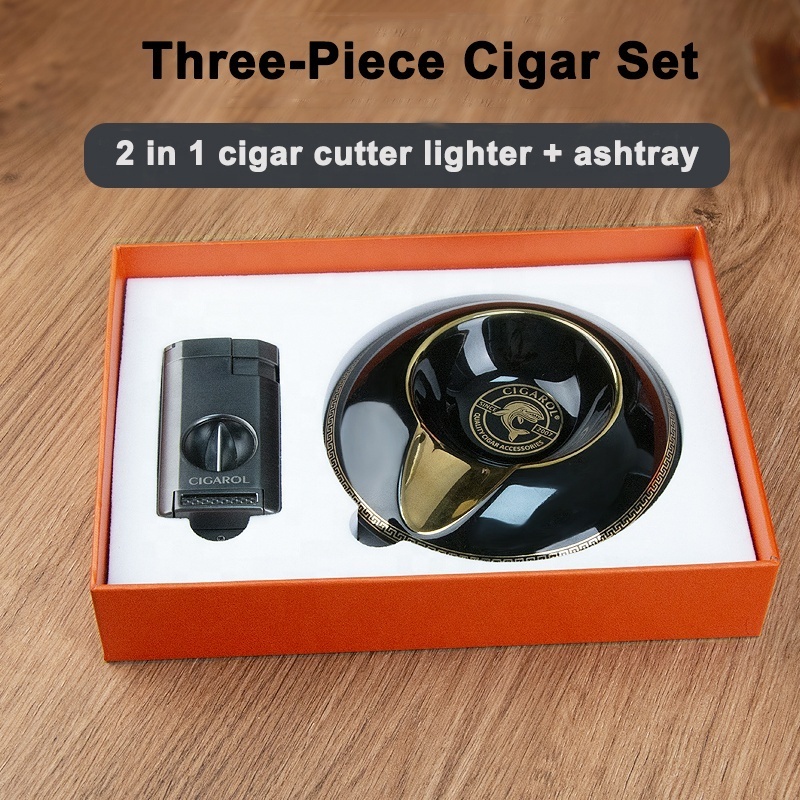 Fashion Design Custom LOGO Luxury Ceramic Cigar Ashtray  lighter Cigar Accessories Gift Package With Man Gift