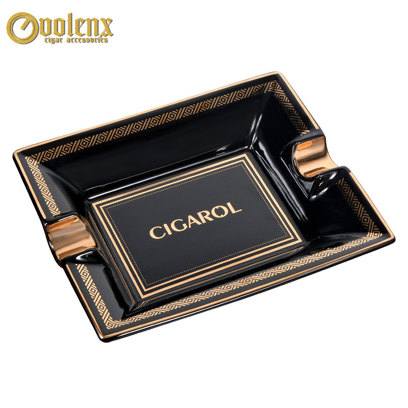 Smoke Ashtray Rectangular Large Luxury Real Gold Edge Custom Black Ceramic Cigar Ashtray