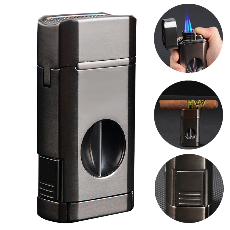 Custom Logo Jet Flame Torch Metal Windproof Tobacco Cigar Accessories Lighter with Cigar Holder Cutter Punch Cigar Lighter