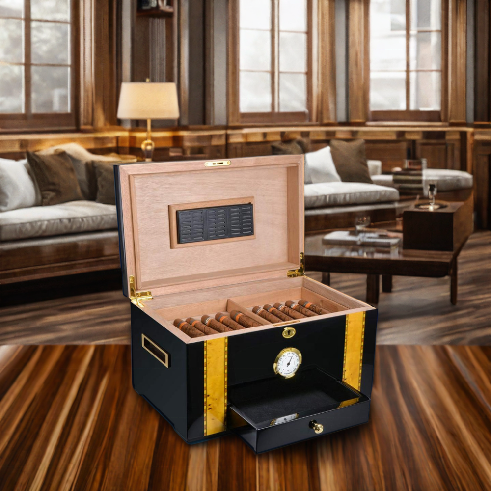 Factory Luxury Cigar Storage Box Cigar Humidifier Hygrometer Spanish Cedar Wood Interior Desktop Case Lock Accessory Humidor