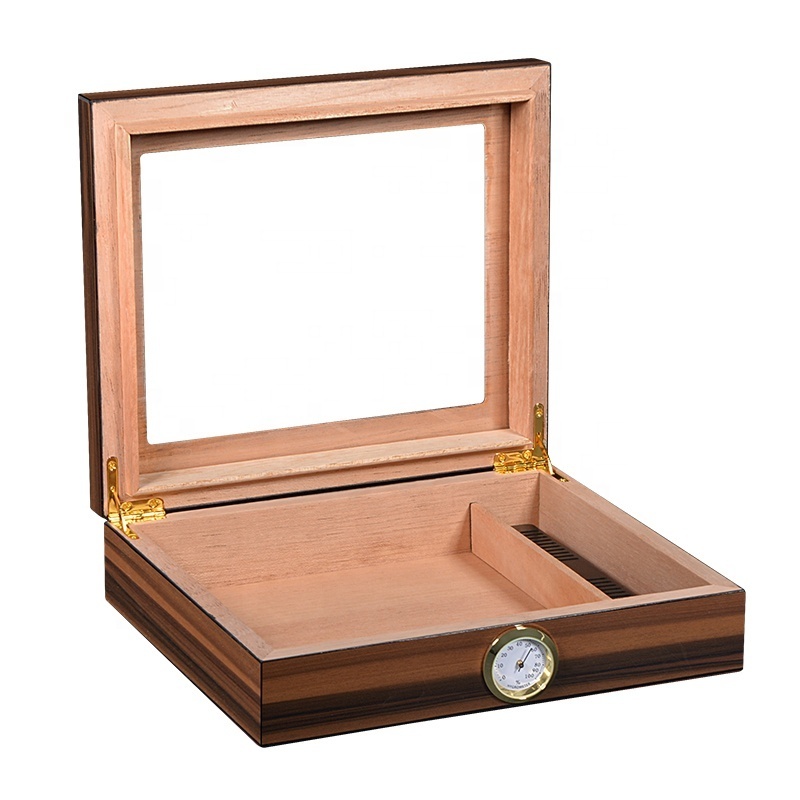 Glasstop Cigar Humidor Cedar Wooden Desktop Cigar Box with Hygrometer and Humidifier Holds 25-30 Cigars