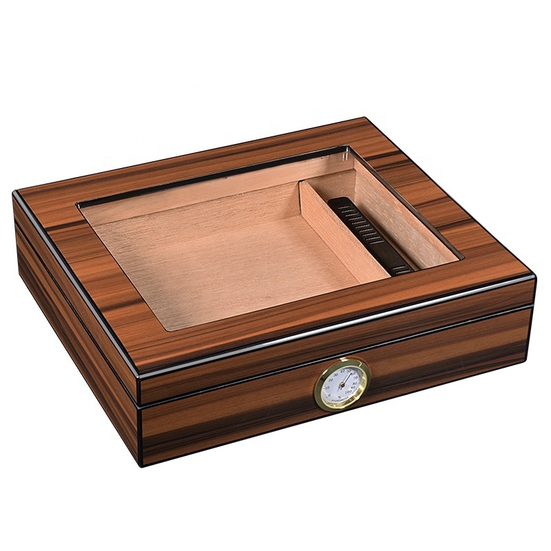 Glasstop Cigar Humidor Cedar Wooden Desktop Cigar Box with Hygrometer and Humidifier Holds 25-30 Cigars