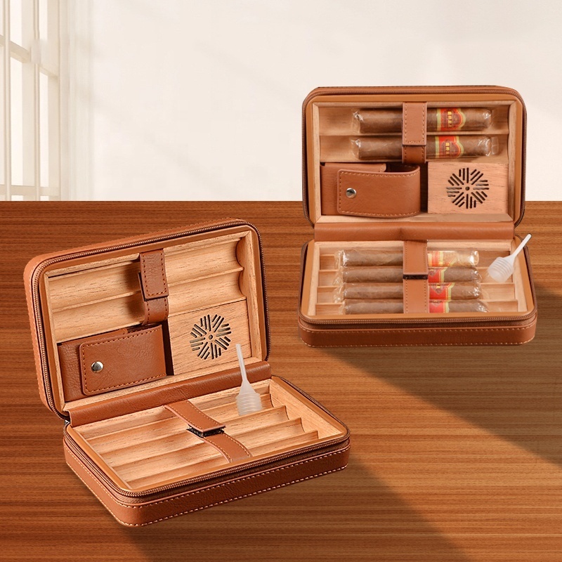 Factory Wholesale Cigar Travel Humidor Cedar Wood Leather Cigar Case with Cigar Accessories Gift Set