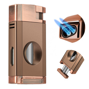 Brand New Luxury Metal Silver Cigar Lighter And Punch Cutter Gift Set  Custom Logo Butane Zinc Alloy Cigar Lighter Cutter Combo