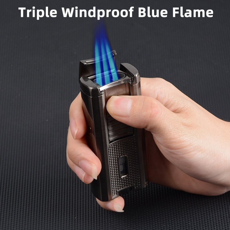 New Design Windproof Butane Refillable Torch Cigar Lighter Triple Jet Flame Cigar Lighter with Cigar Cutter