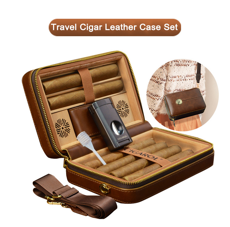 Wholesale Cedar Wood Pu Leather Cigar Case Lighter With Cigar Accessories Gift Set Cigar Travel Humidor