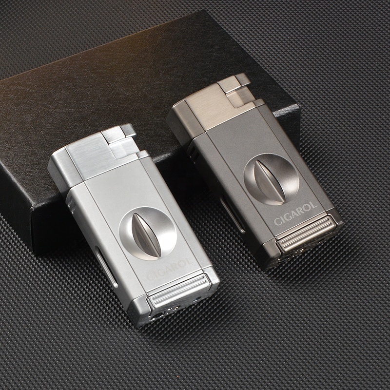 2022 new design V-shaped cut and double fire direct flush lighter, cigar scissors lighter integrated