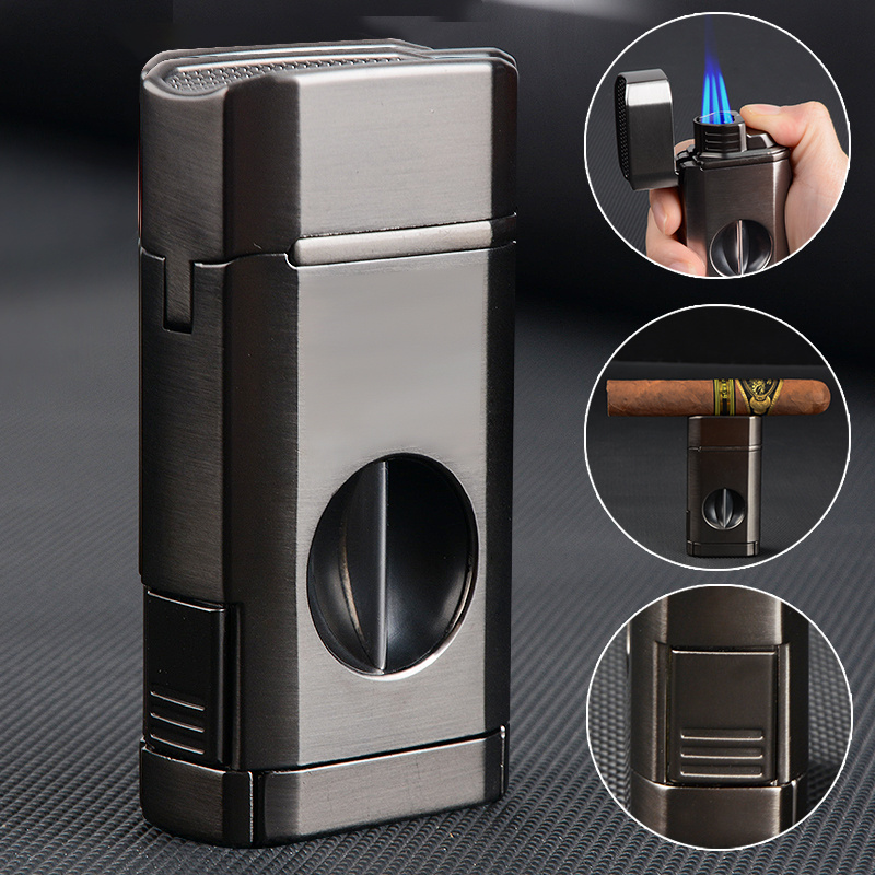 Custom Logo Jet Flame Torch Metal Windproof Tobacco Cigar Accessories Lighter with Cigar Holder Cutter Punch Cigar Lighter