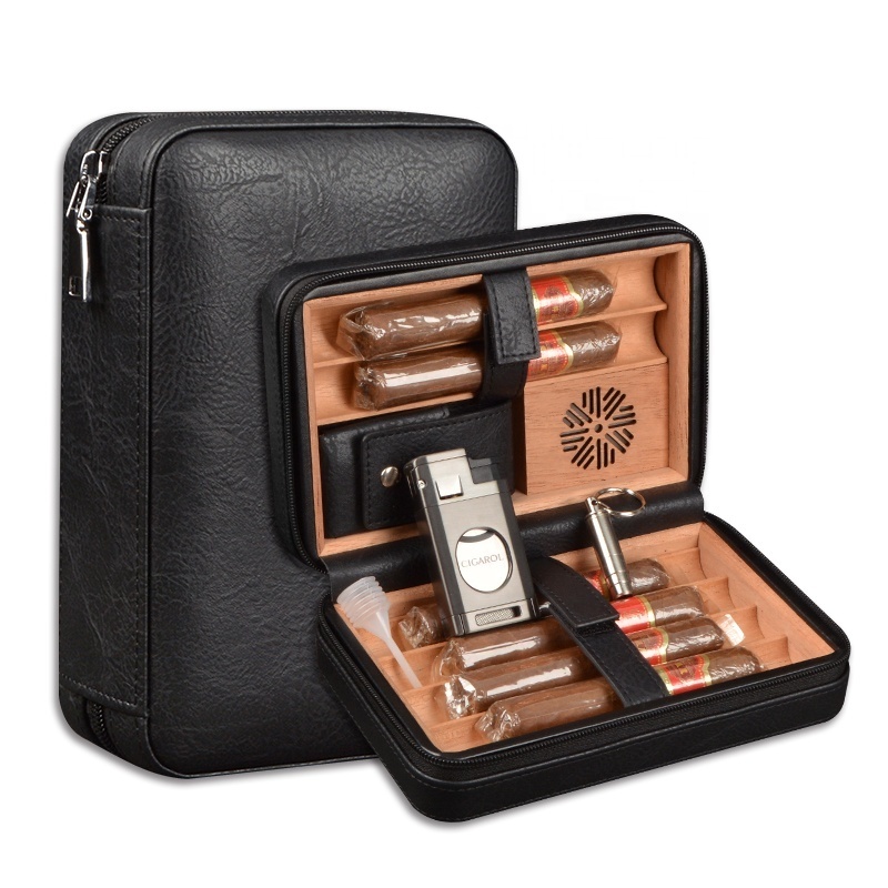 Factory Wholesale Cigar Travel Humidor Cedar Wood Leather Cigar Case with Cigar Accessories Gift Set