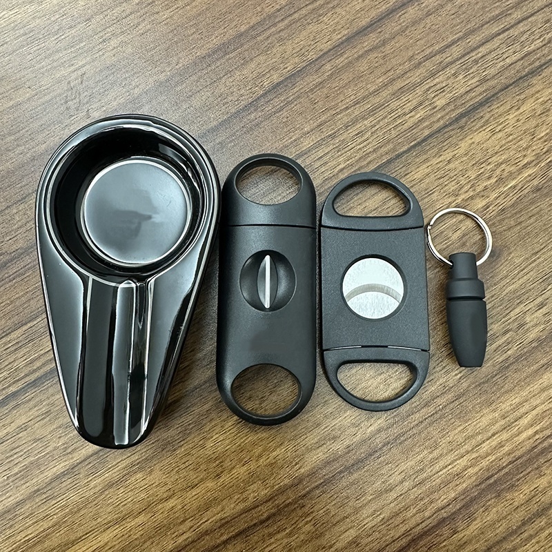 High Quality Handmade Ceramic Ashtray Luxury Lighter V-shaped Cigar Cutter and Smoking Accessories Set