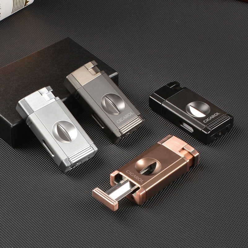 2022 new design V-shaped cut and double fire direct flush lighter, cigar scissors lighter integrated