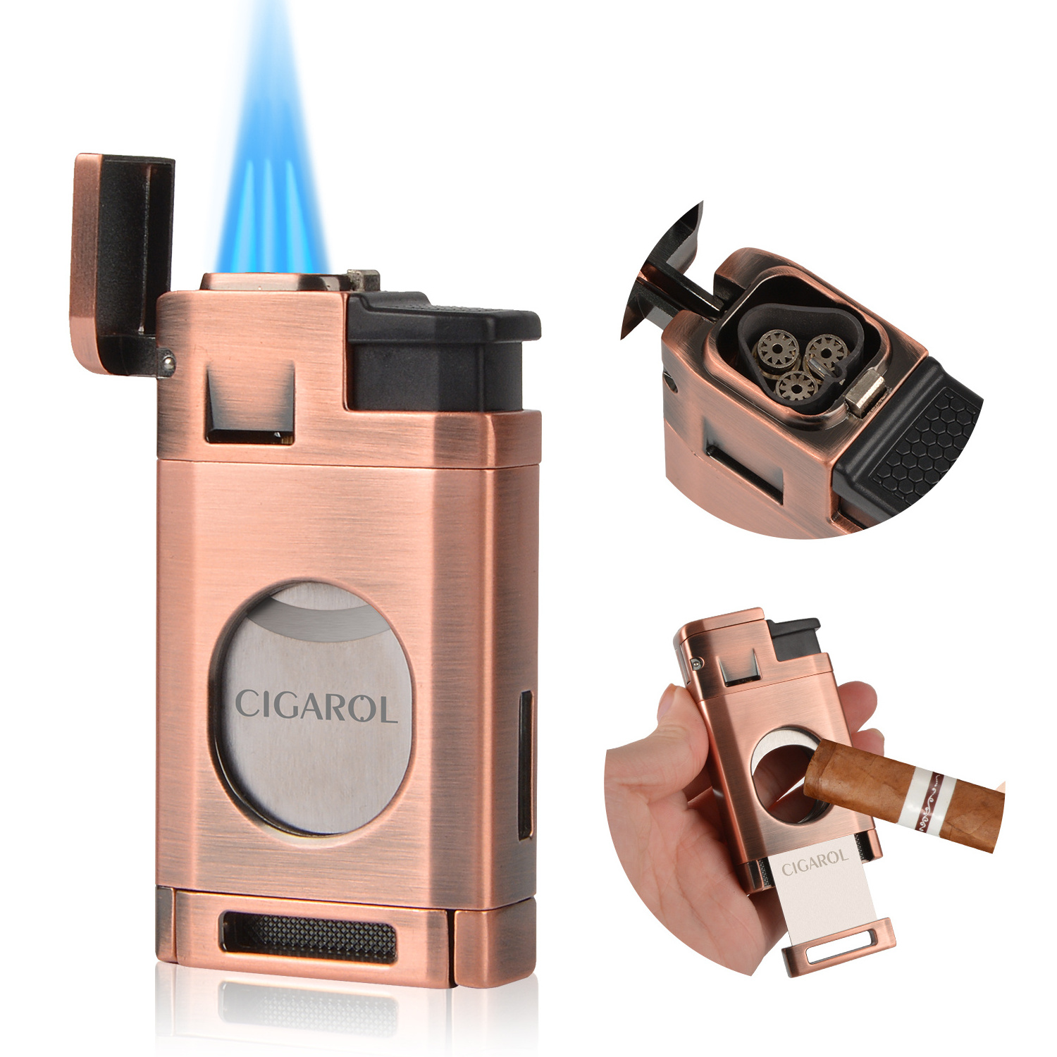 Refillable 3 Flame Torch Cigar Lighter Holder Special Lighter Windproof Black Gold Silver Spray Gun O-Shaped Cigar Cutter