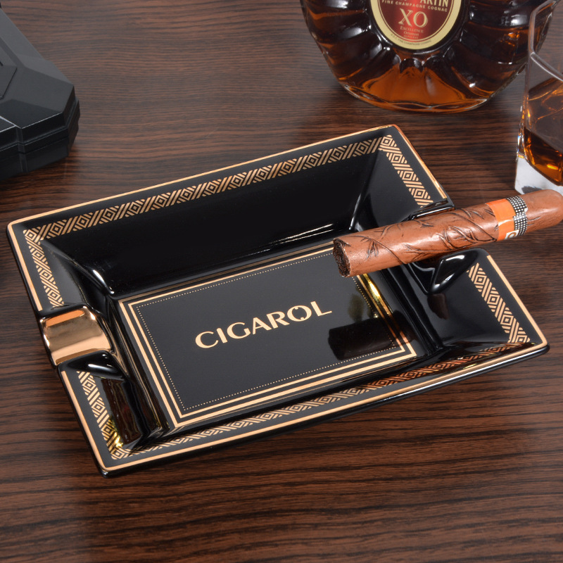 Smoke Ashtray Rectangular Large Luxury Real Gold Edge Custom Black Ceramic Cigar Ashtray