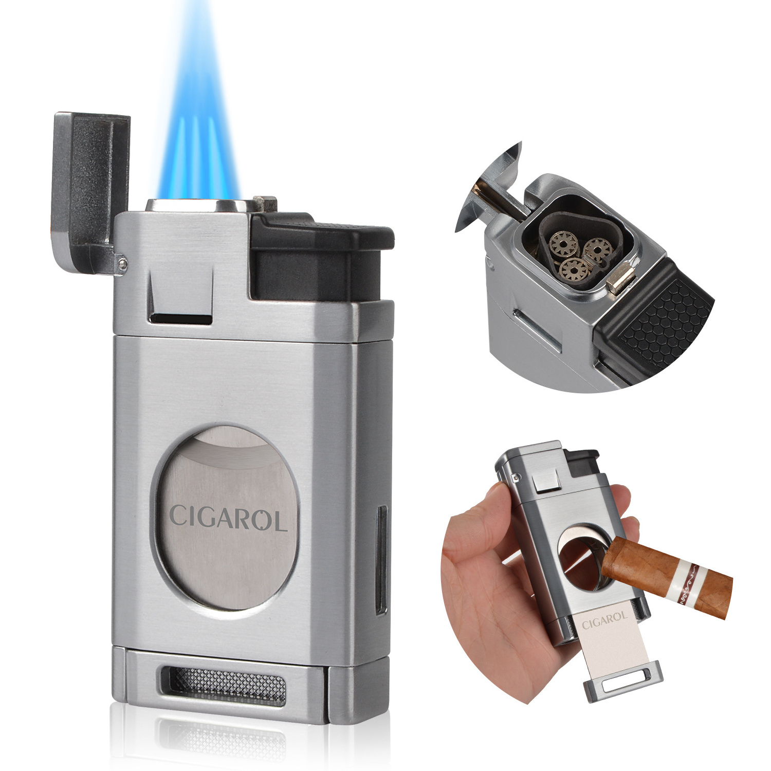 Refillable 3 Flame Torch Cigar Lighter Holder Special Lighter Windproof Black Gold Silver Spray Gun O-Shaped Cigar Cutter