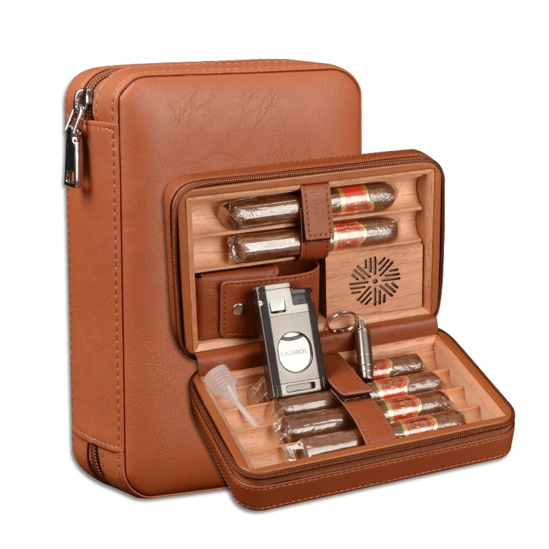 Factory Wholesale Cigar Travel Humidor Cedar Wood Leather Cigar Case with Cigar Accessories Gift Set