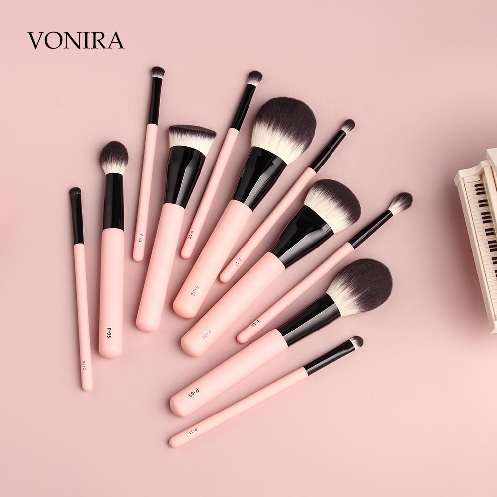 Vonira Beauty 11 Piece Professional Pink Makeup Brushes Set with Highlighting Foundation Blending Blush Powder Kabuki Brush Kit