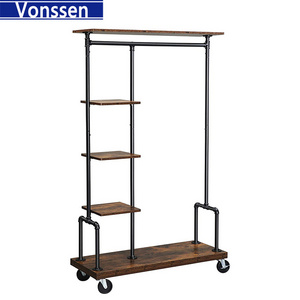 Clothing Garment Rack on Wheels Rolling Clothes Organizer with 5-Tier Industrial Pipe Style Rustic Brown