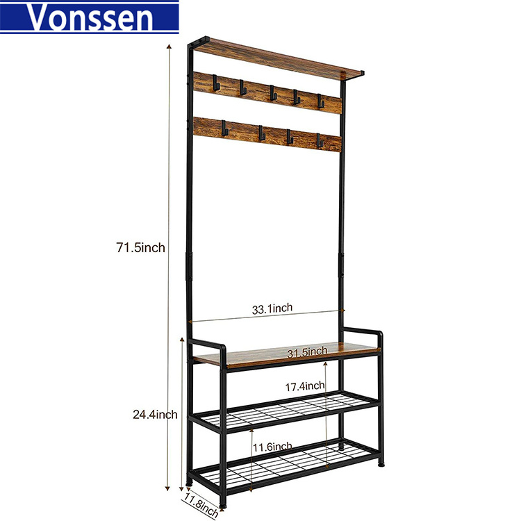 Large Coat Rack Shoe Bench 4-in-1 Hall Tree Shoe Rack 3-Tier Storage Shelf and Hooks Removable Industrial Accent Furniture