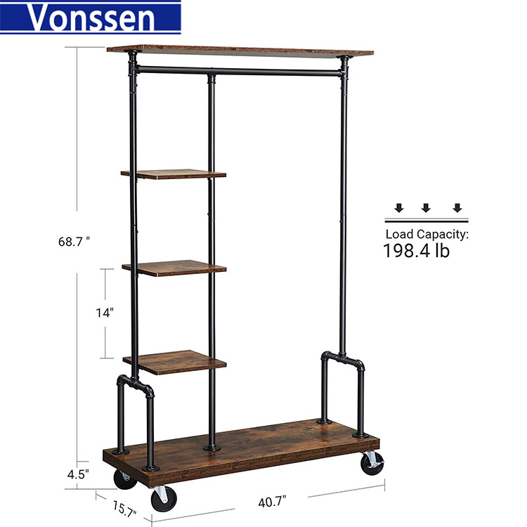 Clothing Garment Rack on Wheels Rolling Clothes Organizer with 5-Tier Industrial Pipe Style Rustic Brown