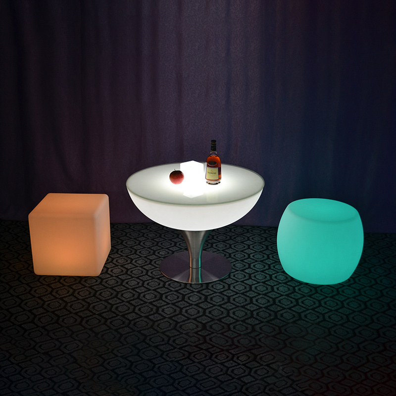 Glowing Multicolor PE plastic half Moon shape Coffee Table with metal base and leg