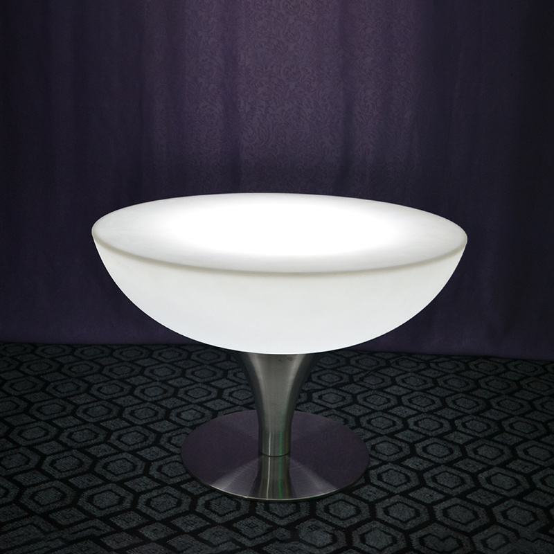 Glowing Multicolor PE plastic half Moon shape Coffee Table with metal base and leg