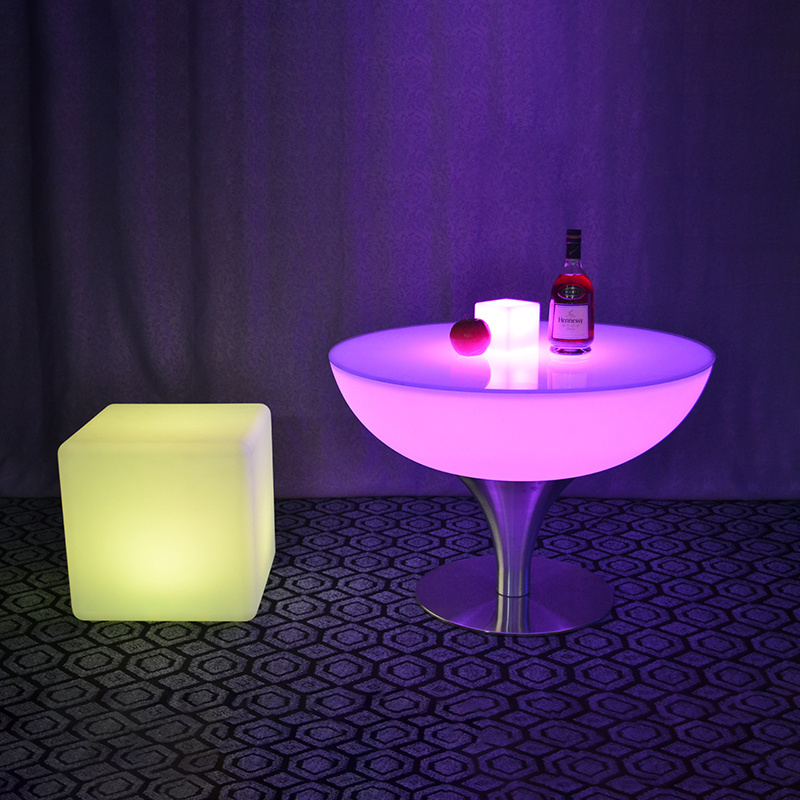 Glowing Multicolor PE plastic half Moon shape Coffee Table with metal base and leg