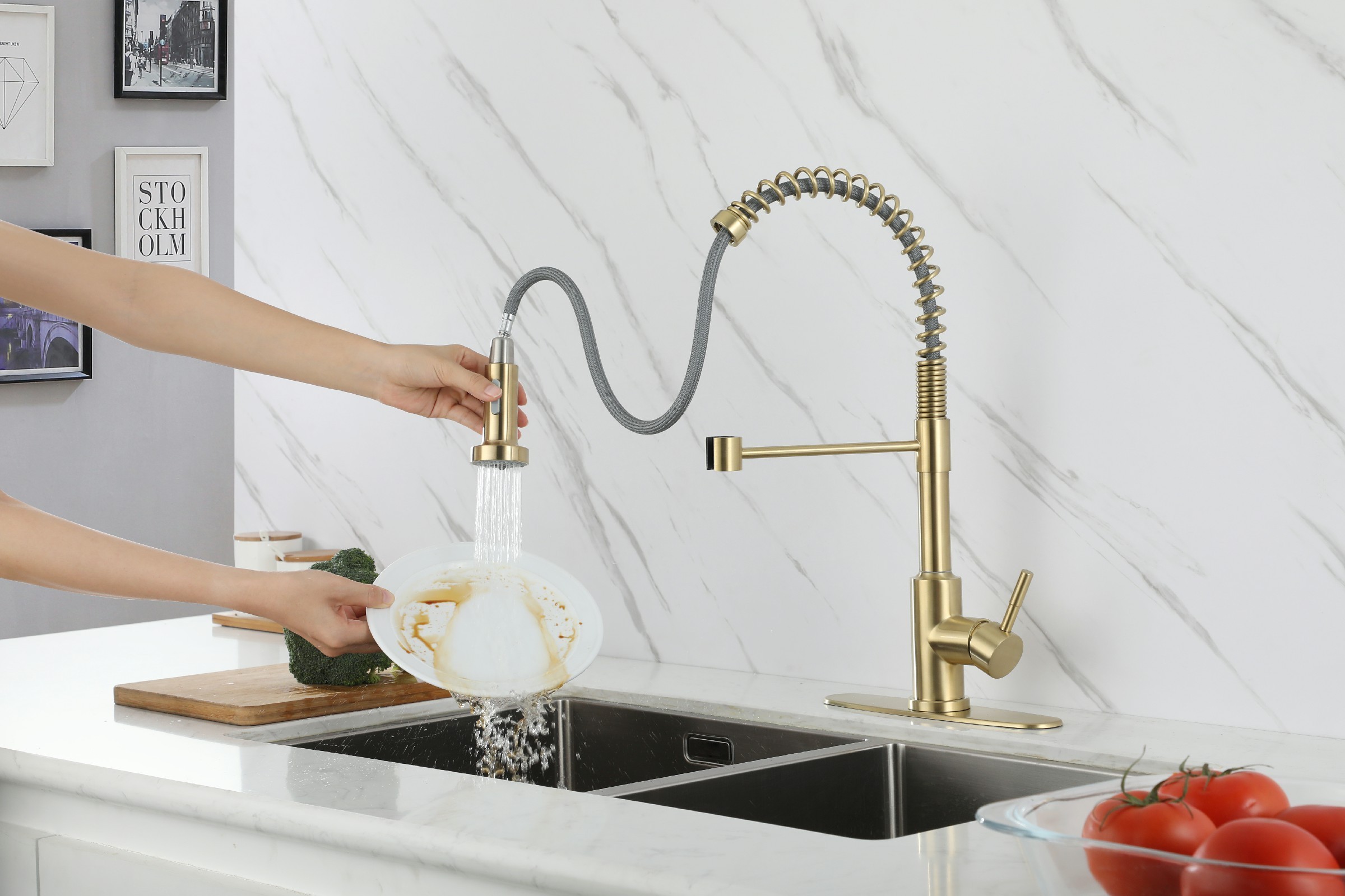 Modern 304 Stainless Steel Kitchen Sink Brushed Gold Pull Down Faucet Smart Touch Sensor Matte Black Kitchen Faucet