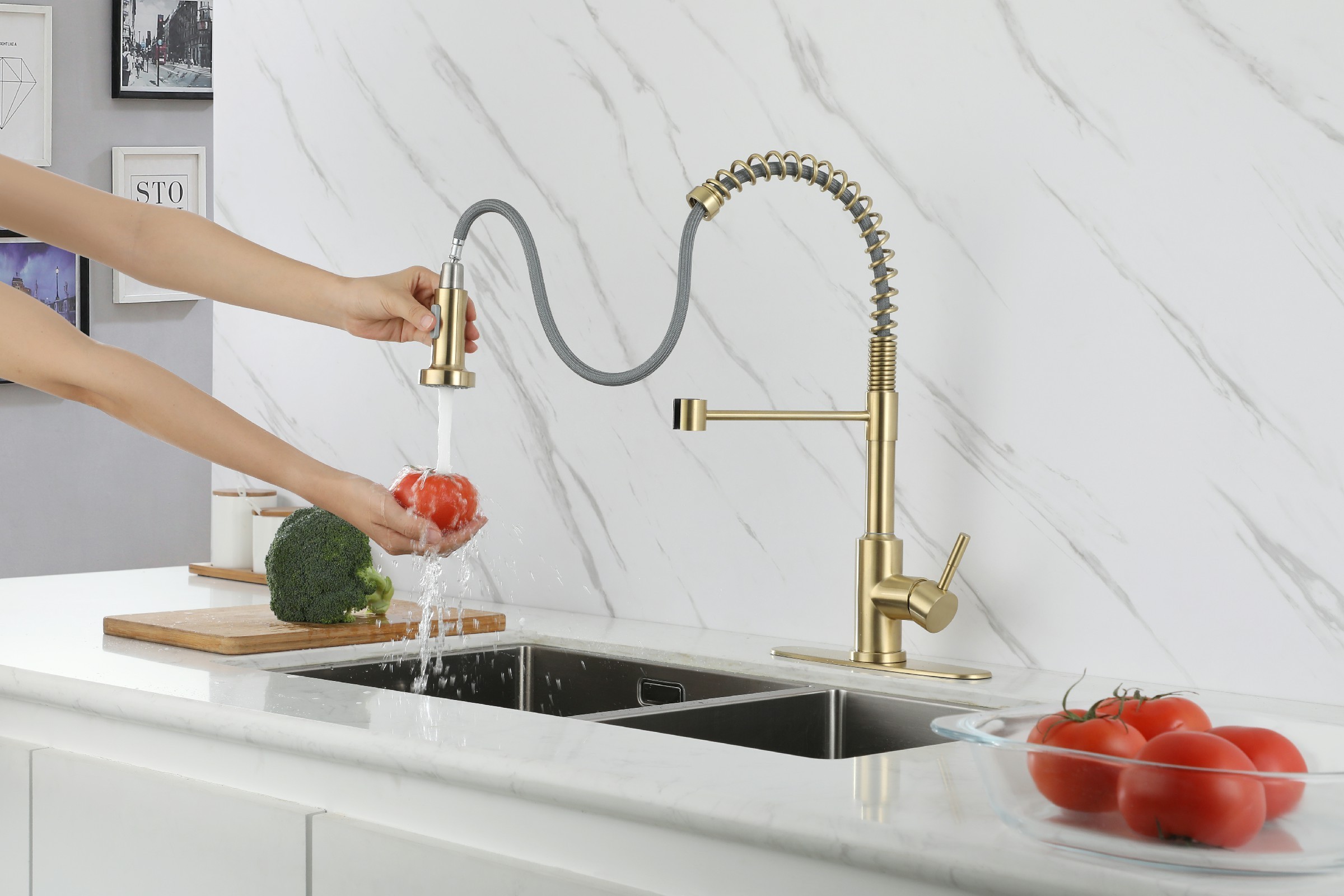 Modern 304 Stainless Steel Kitchen Sink Brushed Gold Pull Down Faucet Smart Touch Sensor Matte Black Kitchen Faucet