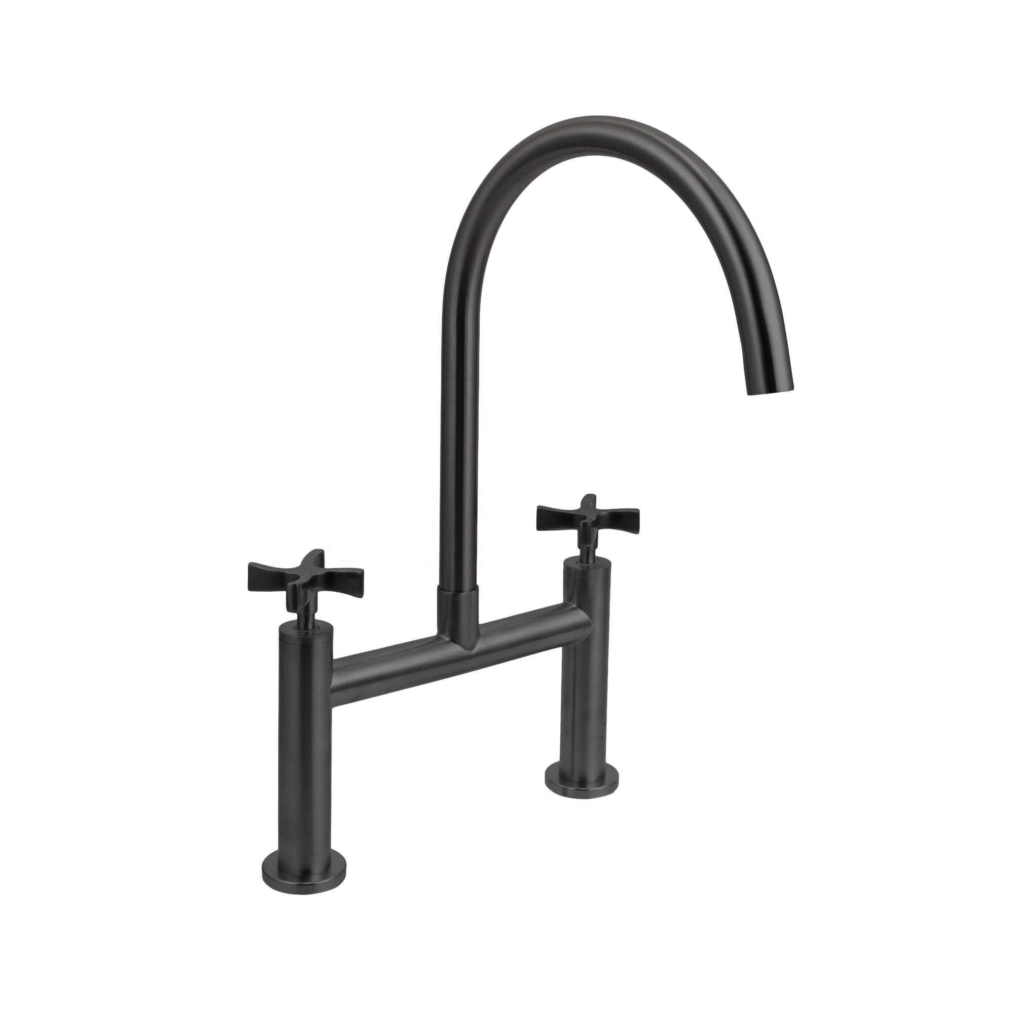 New Design Stainless Steel 304 Nickle Deck Mounted Bridge Kitchen Faucet Two Handle 3 Hole Kitchen Faucet For Sinks