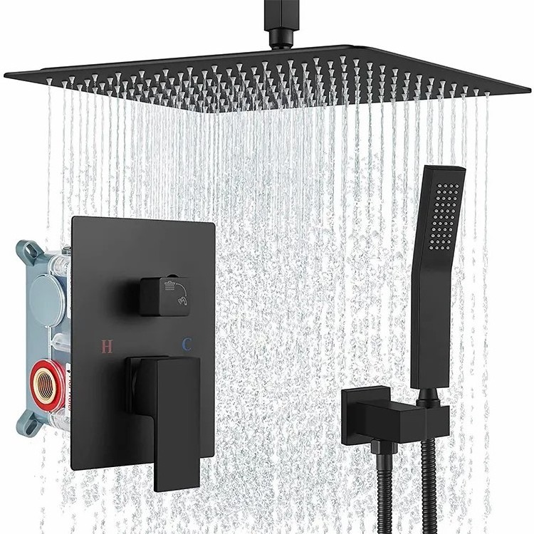 Black High quality all copper square flush mounted wall shower shower set two function embedded rain shower faucet