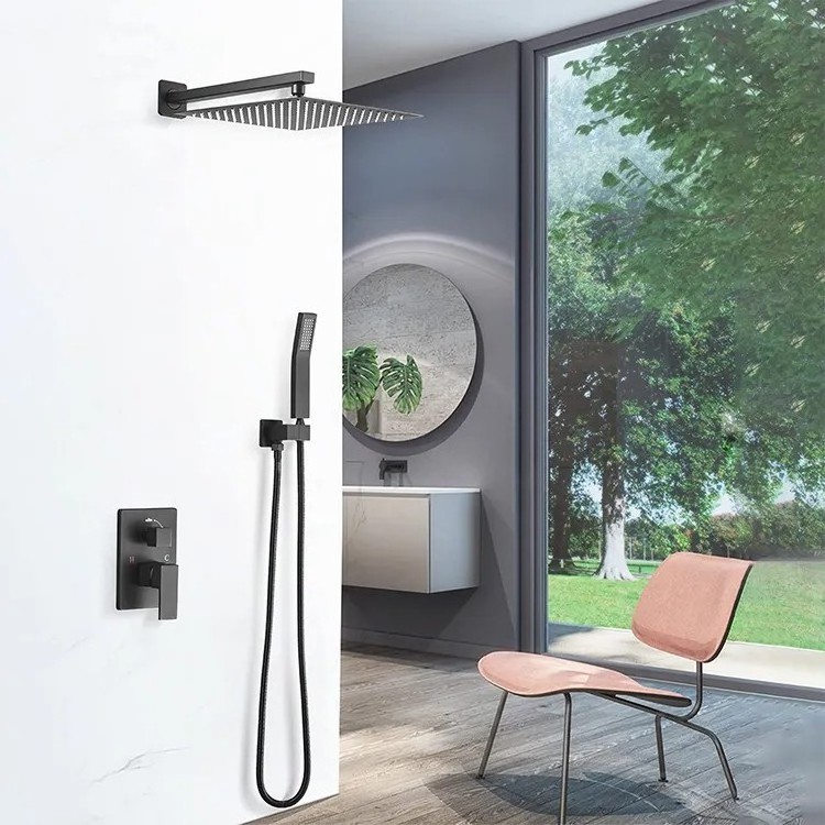 Black High quality all copper square flush mounted wall shower shower set two function embedded rain shower faucet