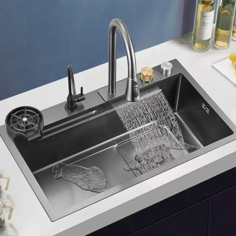 Multifunction kitchen sinks 304 stainless steel kitchen sink faucet modern black waterfall rainfall single bowl kitchen sink set