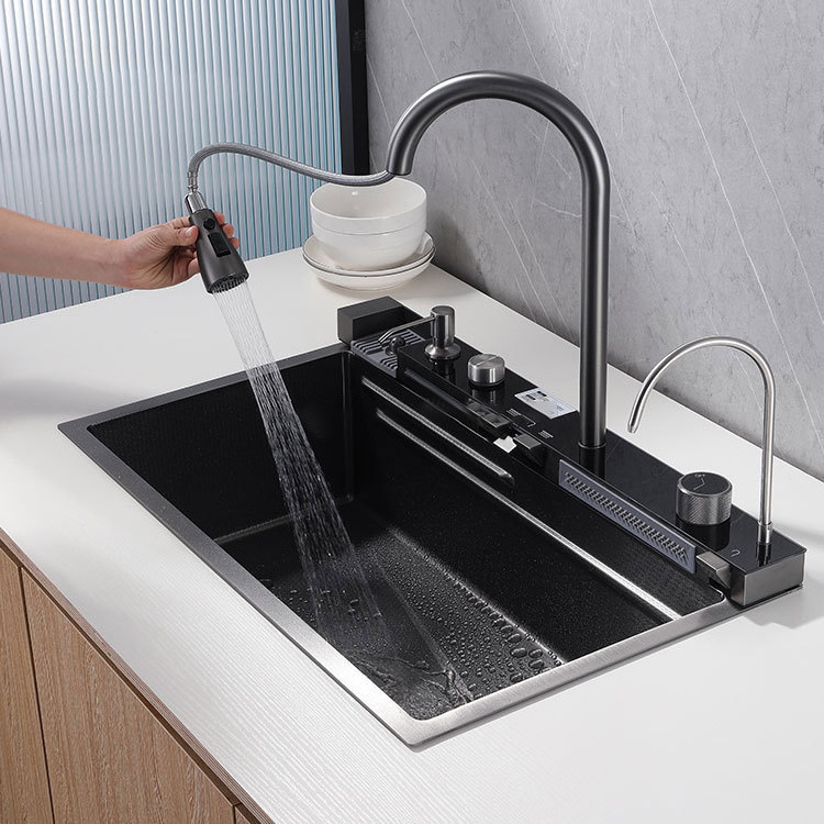 JY7546 Thickened Piano Key Multifunction Sink Anti-Scratch LED Digital Display Waterfall Kitchen Sink With Cup Washer