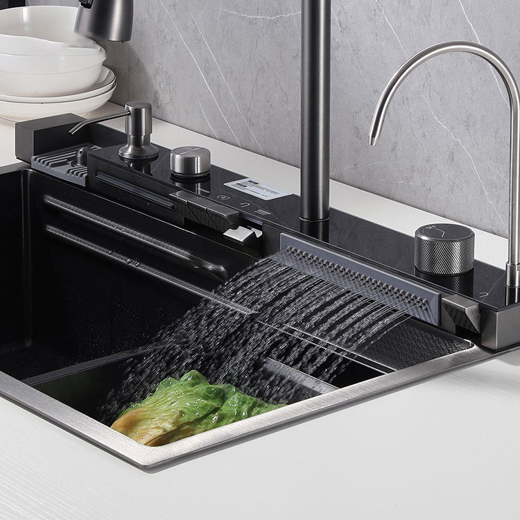 JY7546 Thickened Piano Key Multifunction Sink Anti-Scratch LED Digital Display Waterfall Kitchen Sink With Cup Washer