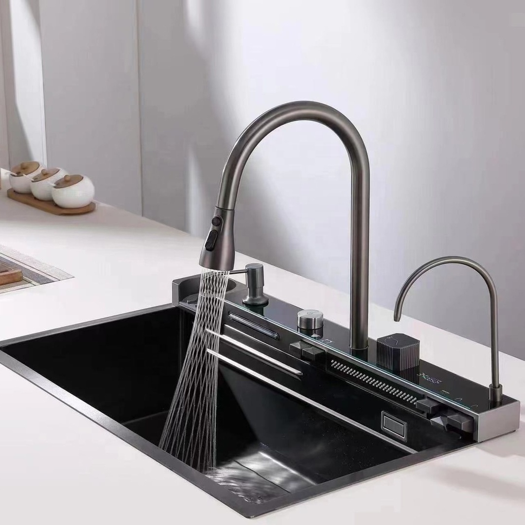 2023 New design Smart Digital Kitchen Sink Stainless Steel Nano Handmade Kitchen Sink With Multifunction Waterfall Faucet